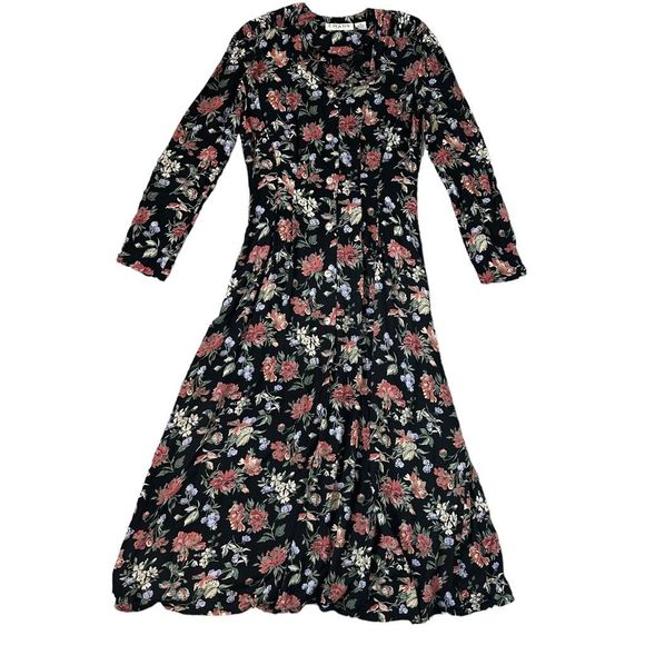 Chaus Dresses & Skirts - Vintage 90s Black Floral Boho Goth Maxi Midi dress Button Up Long Sleeve